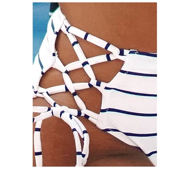 Cupshe Small Stripe Hipster Bikini Bottom-Lace Up Tie Detail-Lined-Navy-NEW - Picture 2 of 9